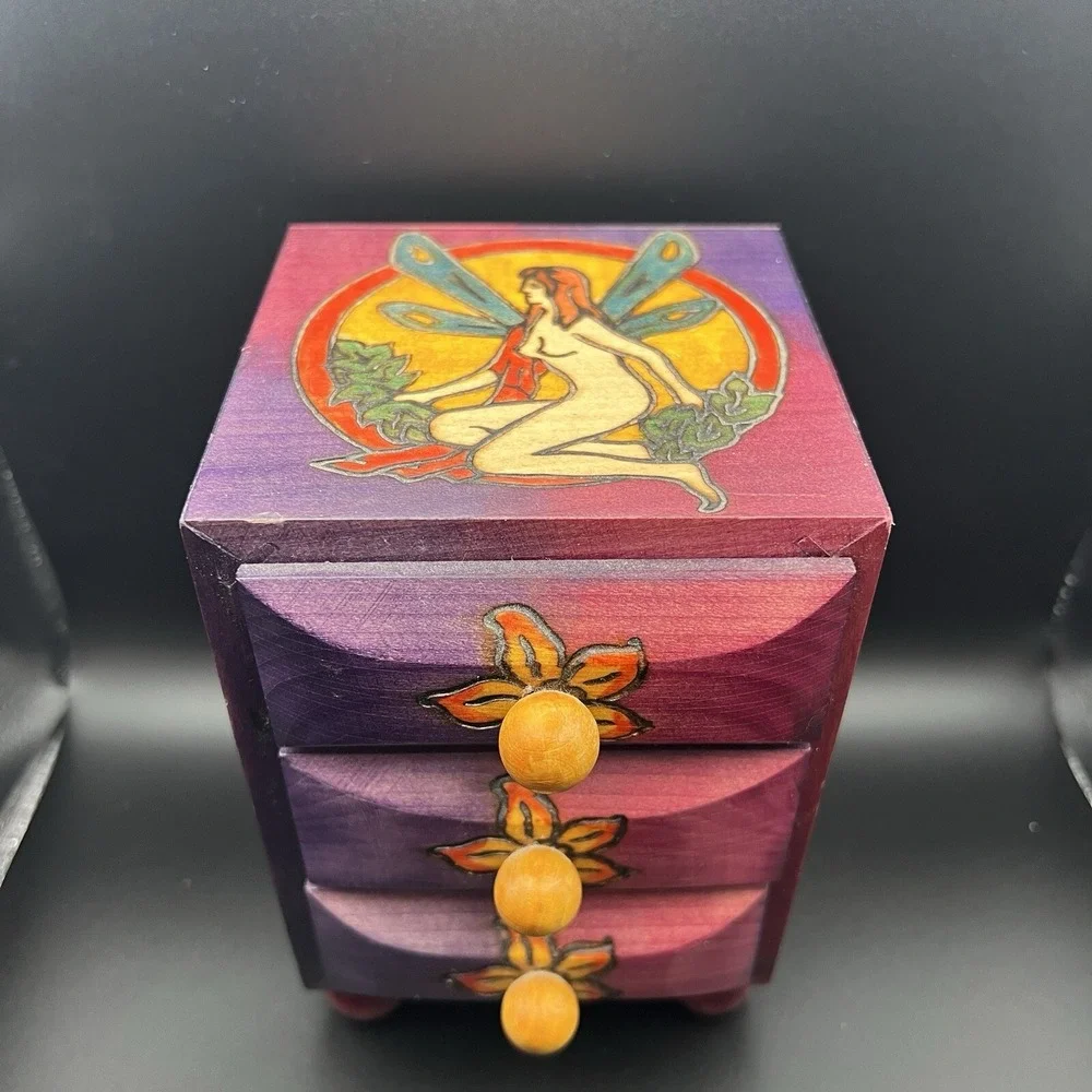Handmade Wooden 3 Drawer Trinket Chest Bright Colors Carved Fairy Flowers Poland